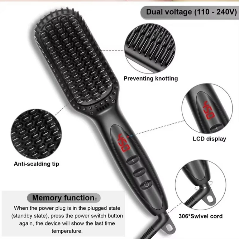 2-In-1 Electric Beard Hair Straightener Brush 12 Heat Settings Adjustable Fast Heating Anti-Scald Design Hair Comb with LCD Display - Image 2