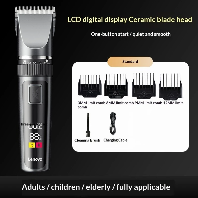 Lenovo Hair Clipper with LED Display 5 Speed Settings 240Min Cordless Use USB Charging 4 Guide Combs Low Noise Hair Trimmer for Home Professional Haircut